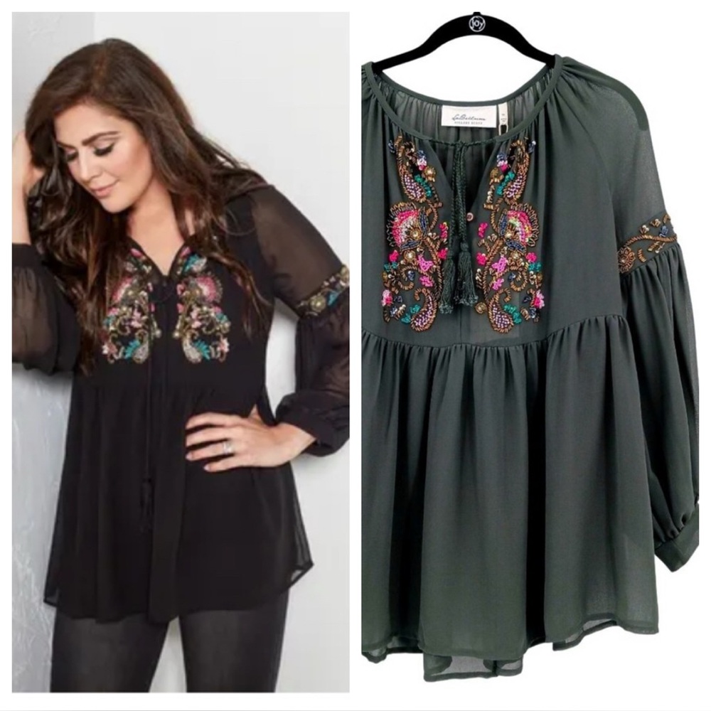 La Bellum Hillary Scott Green Beaded Boho Blouse XS Long Sleeve Festival NWT